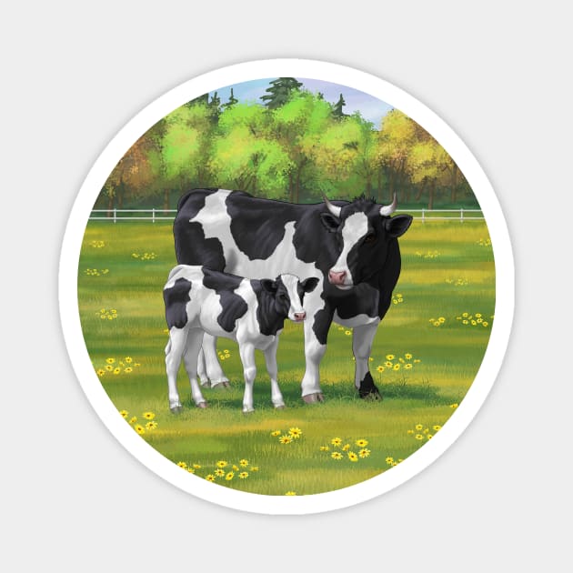 Holstein Friesian Cow and Cute Calf in Summer Pasture Magnet by csforest